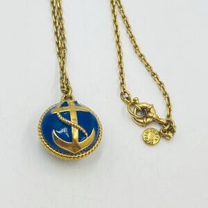 J. Crew Nautical Anchor Pendant Necklace Blue and Gold Coastal Beachy Preppy